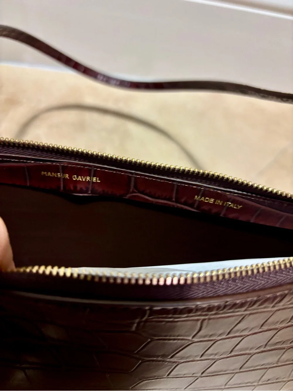 Mansur Gavriel Croc-Embossed Shoulder Bag in Dark Brown